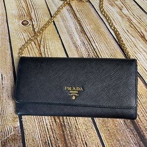 Prada Saffiano Leather Long Wallet with chain